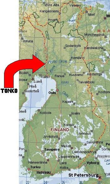 Kartta, jossa TONKOn sijainti on merkitty Pellon ja Ylitornion väliselle Tornionjoen alueelle